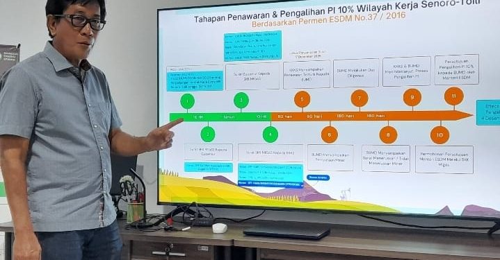 Direktur Utama BUMD PT BUE, Achmad Zaidy, menyampaikan progres pengalihan PI 10% Blok Migas Senoro Toili, di Kantor PT BEU Kawasan Perkantoran Bukit Halimun Luwuk, Selasa (2/12/2025). (Asnawi/Kilasbanggai)