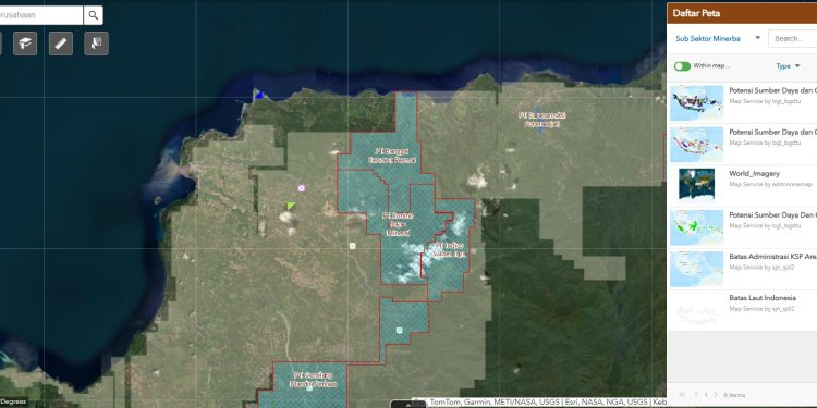 Peta Konsesi PT Banggai Kencana Permai (BKP) di Kecamatan Bunta, Kabupaten Banggai, Sulawesi Tengah. (Geoportal ESDM)