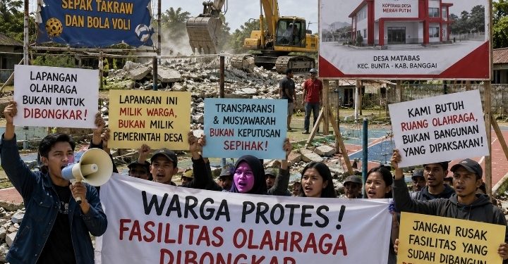 Warga protes fasilitas olahraga dibongkar untuk dibangun Koperasi Desa Merah Putih di Desa Matabas, Kecamatan Bunta, Kabupaten Banggai. (Ilustrasi AI)